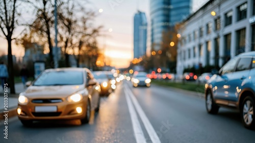 A bustling city street captures evening car traffic amid glowing streetlights, depicting the vibrant energy and pace of urban life as day transitions into night.