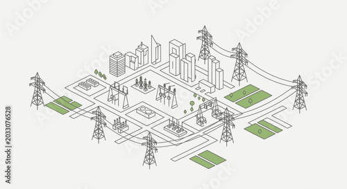Isometric illustration of a modern urban power grid with transmission lines, substations, and city buildings.