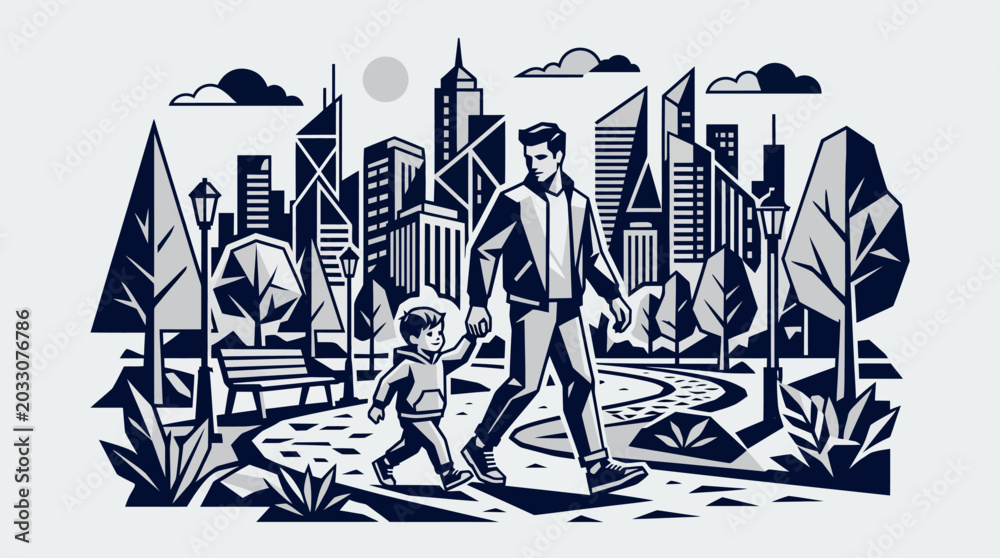 Fototapeta premium Father and son walking hand-in-hand through a modern city park with a prominent skyline in the background, depicted in a graphic, stylized illustration.