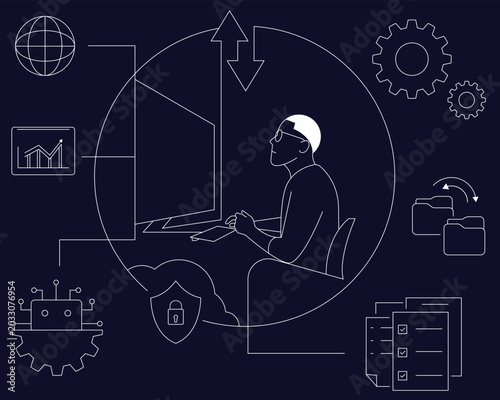 Cybersecurity and Digital Workspace Technology Illustration, Secure Remote Work and Digital Productivity Concept, Hand Drawn in Thin Line Style