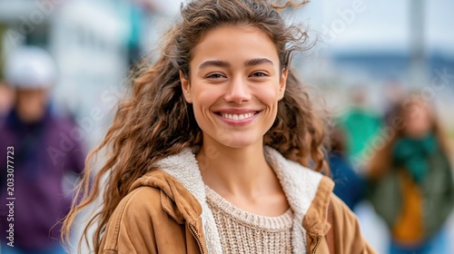 A cheerful young woman with curly hair smiles brightly while standing outdoors, surrounded by a bustling city atmosphere filled with other pedestrians and urban elements.
