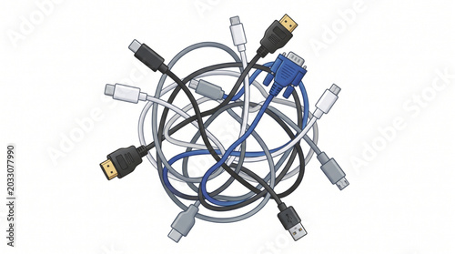 Photos Tangled computer cables and connectors in a messy pile.