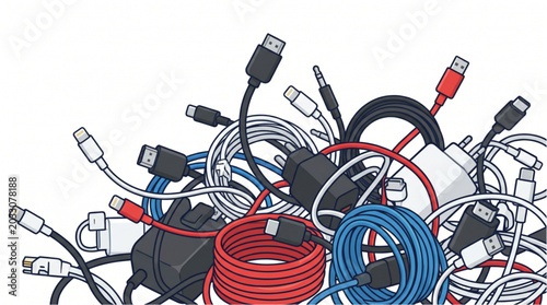 Fotografia Tangled electronic cables and power adapters illustration.