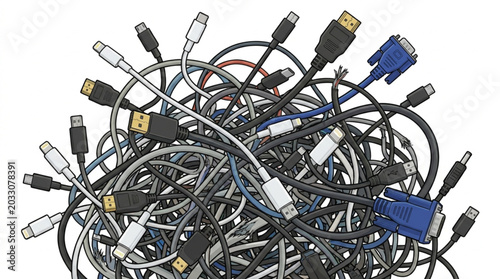 Bild auf Leinwand Tangled mess of computer cables and connectors.