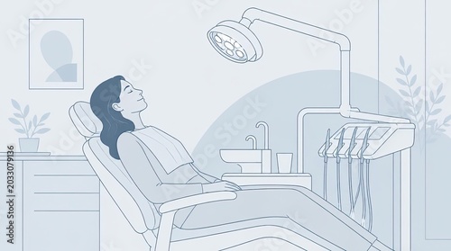 A serene clinical interior backdrop featuring a stylized dentist chair and a relaxed patient, perfect for illustrating modern dental care and calm professional medical health office environments.