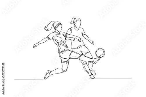 Minimalist one line art of women football players during sliding tackle.
