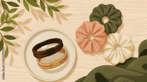 High contrast vector design featuring minimalist fashion accessories, depicting elegant hair scrunch and stylish leather bracelets arranged on a light wooden surface in a wide panoramic composition.