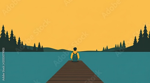 Minimalist wide angle flat vector graphic featuring a tiny backpacker figure sitting on a wooden dock overlooking a serene lake with distant pine forest silhouettes under a warm sunset sky background.