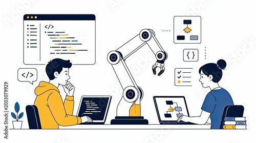 Pensive and creative professional developers collaborating with a robotic arm on software engineering projects, showcasing the intersection of human intelligence and advanced automation systems.
