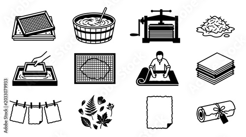 Set of icons illustrating the traditional paper making process from pulp to finished sheets and rolls