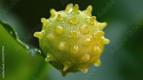 Close up of a spiky green plant gall covered in water droplets.