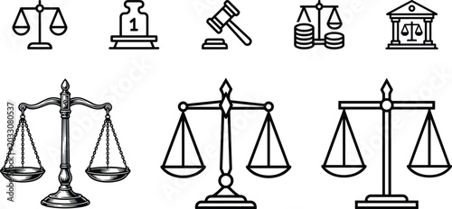 Fotografie Justice and Law Icon Set with Scales Balance Gavel Courthouse Legal Symbols Vect