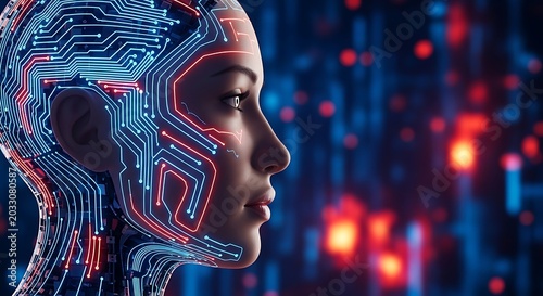 Profile view of a futuristic humanlike android with glowing digital circuit patterns
