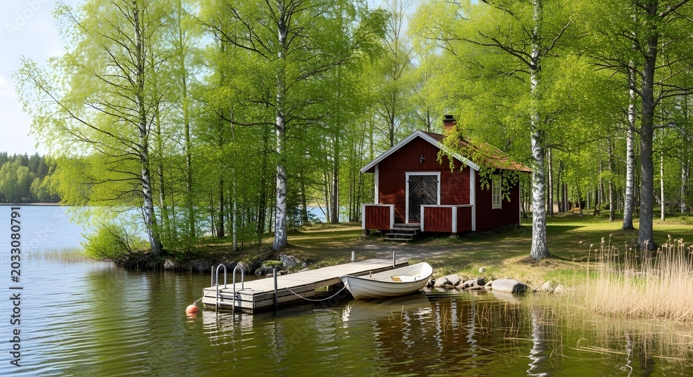 Obraz premium Red Cabin by Lake with Small Boat and Dock in Spring