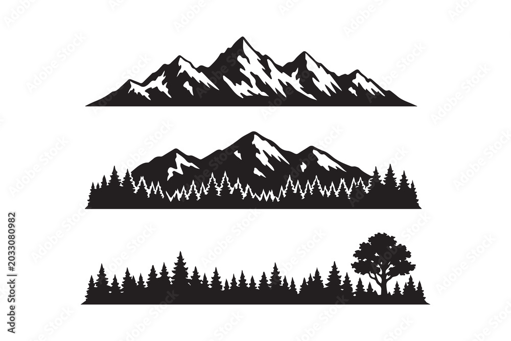 Obraz premium Set of three mountain and forest silhouettes, for nature and outdoor adventure designs.