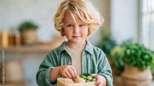A charming young boy holds a bowl filled with fresh vegetables, showcasing healthy eating habits and the importance of nutrition for children in a bright, inviting setting.