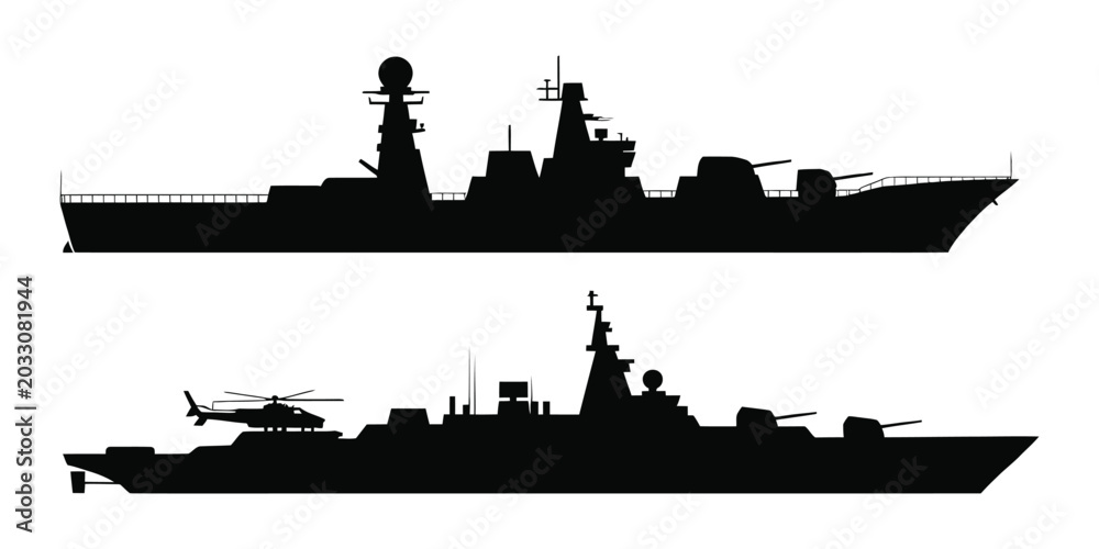 Fototapeta premium Military warship silhouette vector set, naval destroyer and frigate icons, black navy ship illustrations