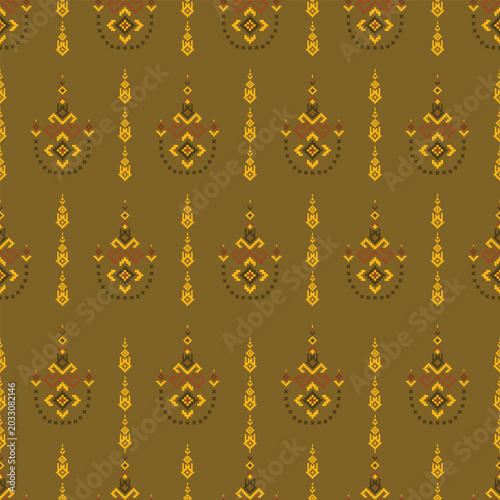 A vintage-inspired seamless pattern featuring traditional Thai geometric shapes in rich golden mustard tones, suitable for cultural branding and artistic projects.