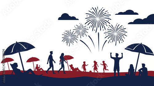 Tableau sur toile Silhouette illustration of people enjoying fireworks on a beach.