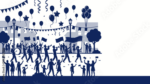 Fotografi Silhouette of a joyful parade celebration with marching band and festive balloons