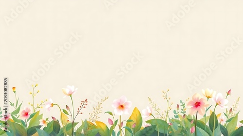 Watercolor field of colorful flowers on a light beige background bright and fresh.