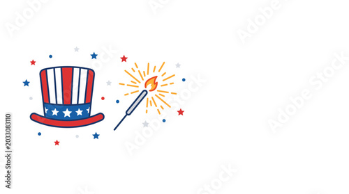 Tableau sur toile Patriotic Uncle Sam Hat and Burning Sparkler Celebration Illustration