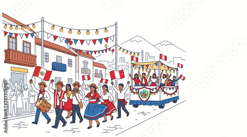 Konstfotografi People celebrating Peruvian Independence Day in a colorful street parade