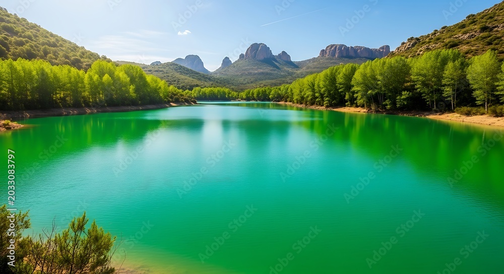 Obraz premium Serene turquoise reservoir reflects lush green trees and majestic mountains