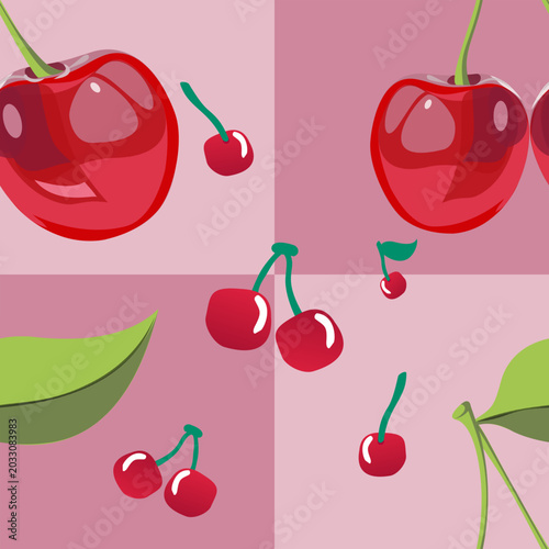 Seamless cherry pattern on a pink checkered background. Cute vector illustration of ripe red cherries with green leaves, perfect for textiles, wrapping paper, wallpaper, and sweet retro designs.