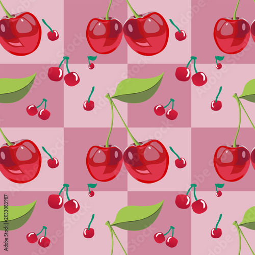 Seamless cherry pattern on a pink checkered background. Cute vector illustration of ripe red cherries with green leaves, perfect for textiles, wrapping paper, wallpaper, and sweet retro designs.