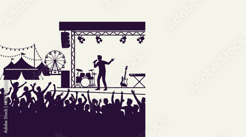 Tableau sur toile Silhouette illustration of a musician performing live on stage at an outdoor music festival with a cheering crowd