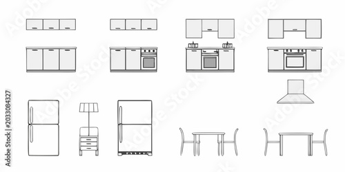 Tableau sur toile Kitchen Furniture Line Drawings On White Background