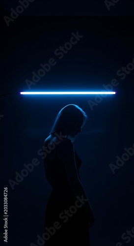 Silhouette of a woman under a glowing blue neon light in dark