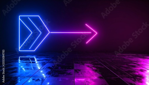 Futuristic Glowing Neon Arrow Sign in Dark Cyberpunk Environment Background