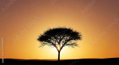 A single acacia tree silhouette standing in the middle of a beautiful golden sunset over the savanna. czarne drzewo