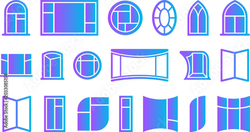 Konstfotografi Assorted window frames in diverse shapes and sizes with purple and blue gradient colors, transparent background