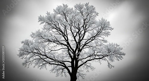 Large bare tree with intricate branches silhouetted against a bright cloudy sky on a cold winter day. czarne drzewo
