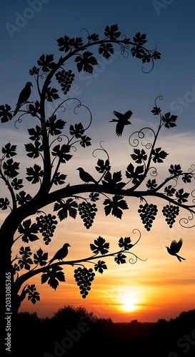 Silhouette of birds and grapevines against a vibrant sunset sky