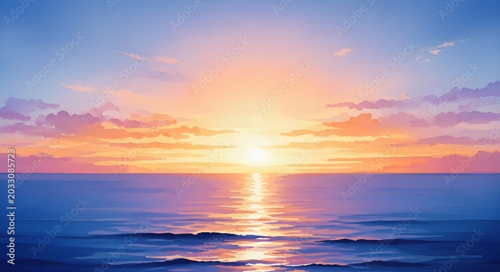 Fototapeta premium Beautiful sunset over the ocean, calm waves reflecting the orange and purple colors of the sky, serene seascape painting style