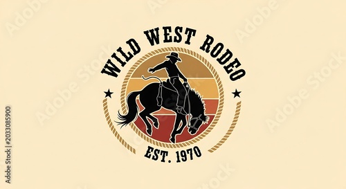 Silhouette of cowboy on bucking horse, vintage rodeo circular emblem