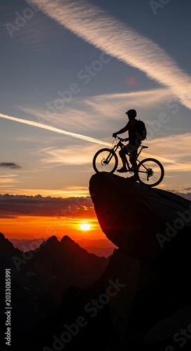 Silhouette of cyclist atop a cliff against a dramatic sunset sky