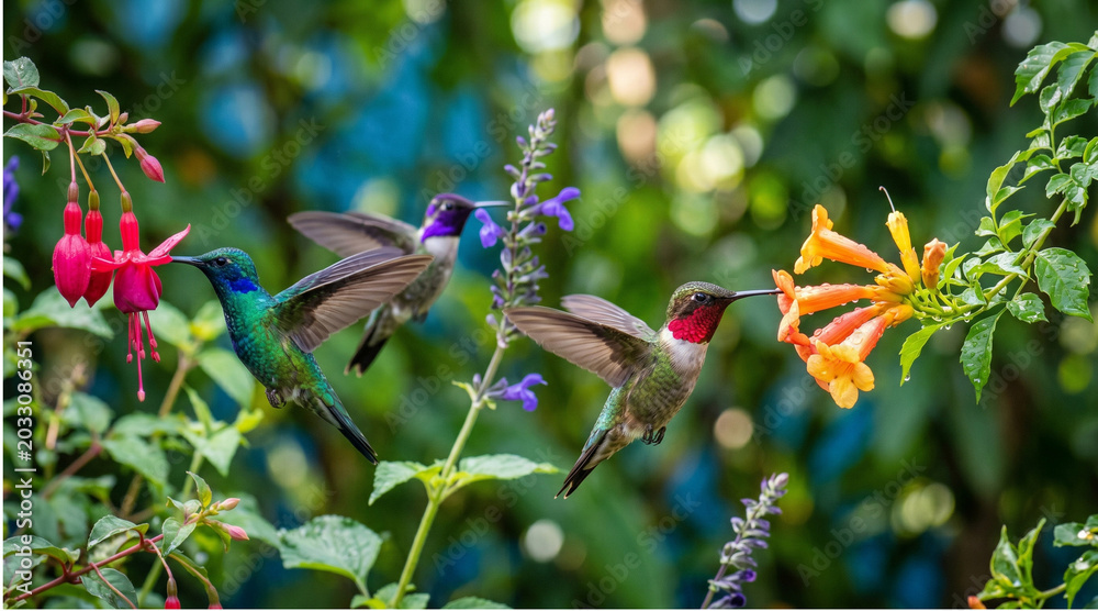 Fototapeta premium Two hummingbirds flying near colorful flowers in a lush garden setting outdoors
