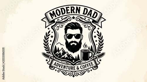 Vintage-style logo featuring a bearded man in sunglasses, mountains, and a coffee mug, with text 'Modern Dad Adventure & Coffee' on a shield emblem.