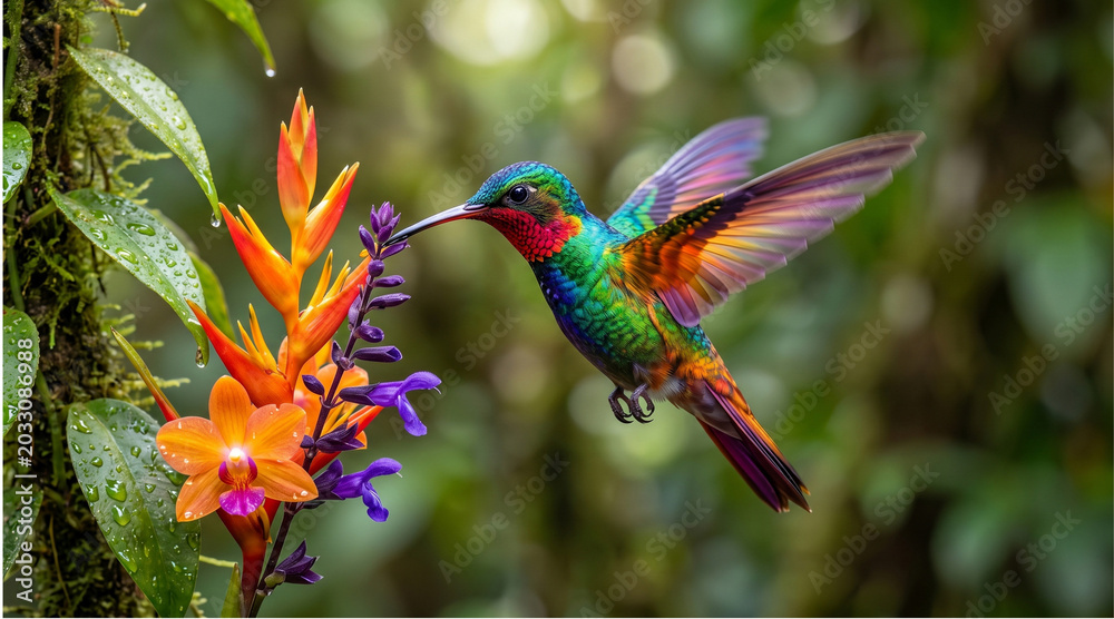 Fototapeta premium Vibrant hummingbird feeding on colorful tropical flowers in lush forest