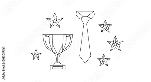 Cuadro en lienzo A black and white line art illustration featuring a trophy a necktie and several stars