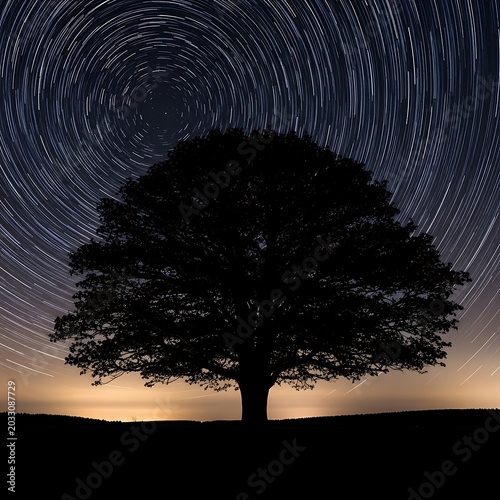 Silhouette of large tree against night sky with star trails and faint horizon glow