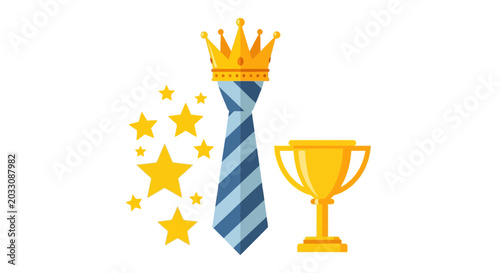 A striped necktie wearing a golden crown next to a trophy and stars.