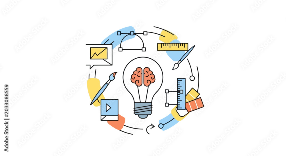 Fototapeta premium Creative design concept featuring brain inside a lightbulb with illustration tools