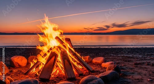 Bright campfire burning on a rocky beach at sunset with a calm ocean in the background