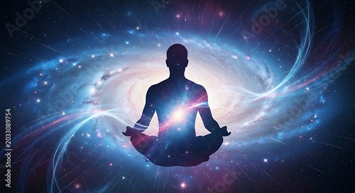 Silhouette of person in meditation, glowing with cosmic energy against starry galaxy